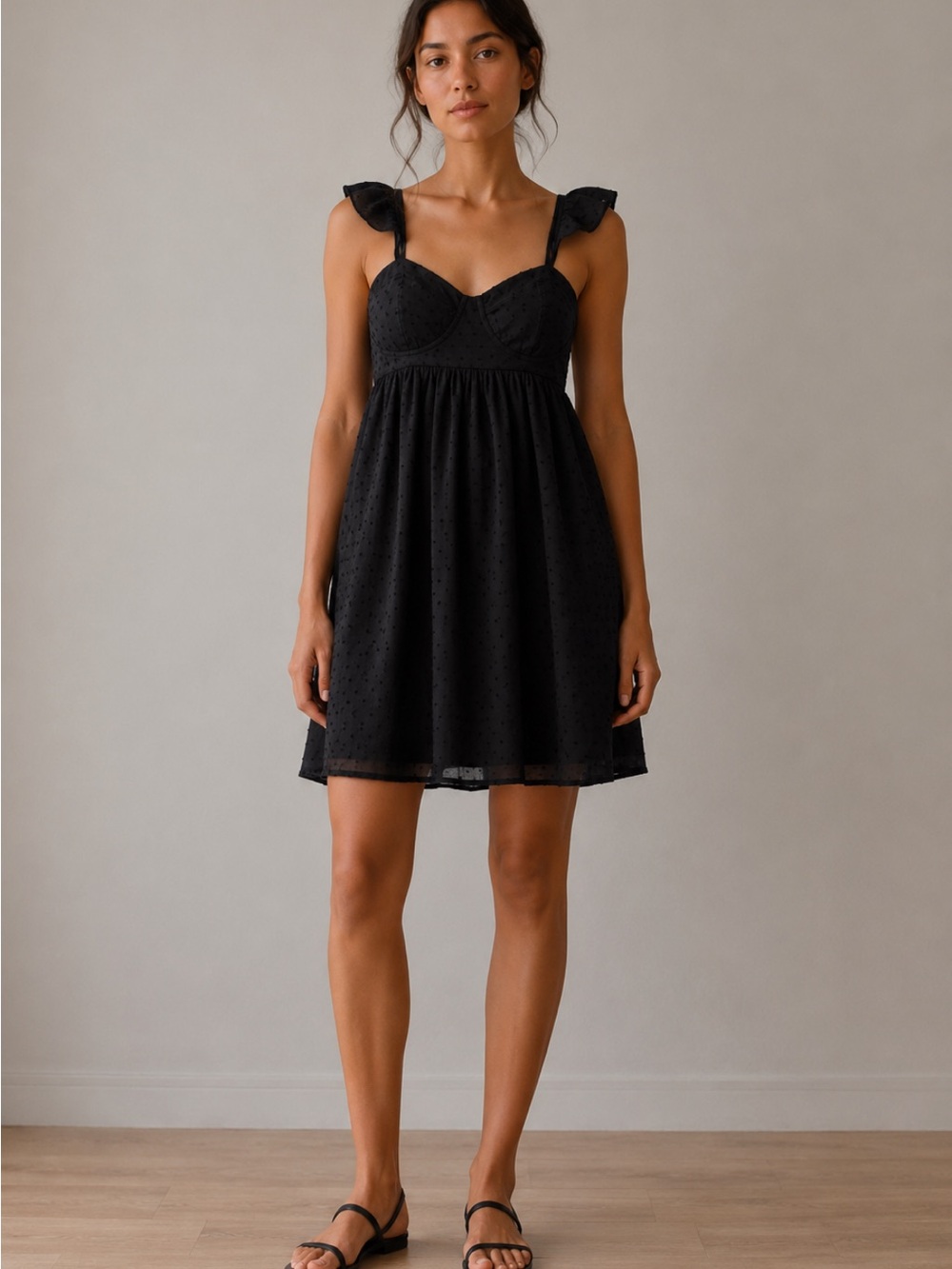 NWT Thirty Thirty Black Swiss Dot Babydoll Mini Dress Ruffle Strap M